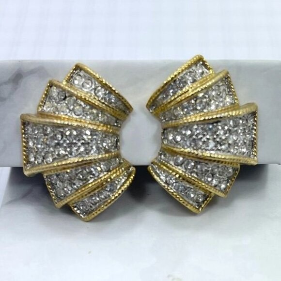 Jewelry - Vintage Gold Tone Metal and Clear Rhinestone Fan Clip On Statement Earrings